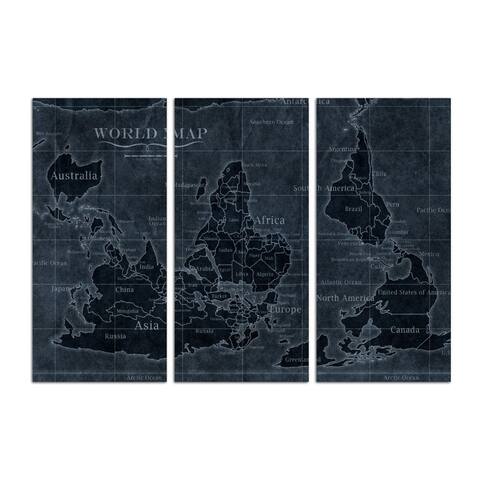 Oliver Gal 'Upside-down Map of the World Noir Triptych' Maps and Flags Wall Art Canvas Print - Blue, White