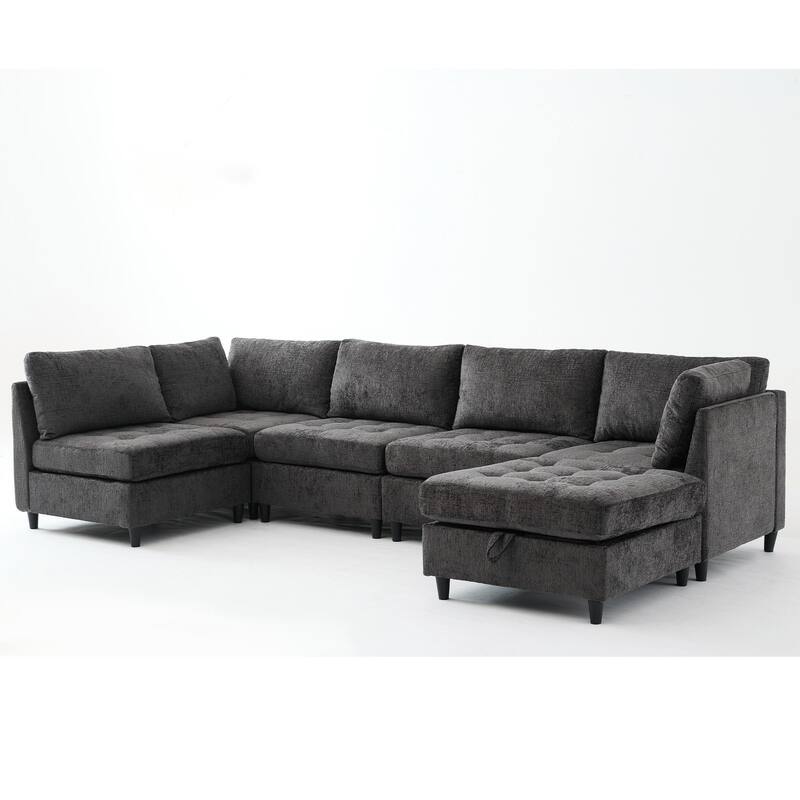128" Chenille U-Shaped Modular Sectional Sofa with Storage Ottoman, Pocket Spring Support, and 6-Seat Configurable Design