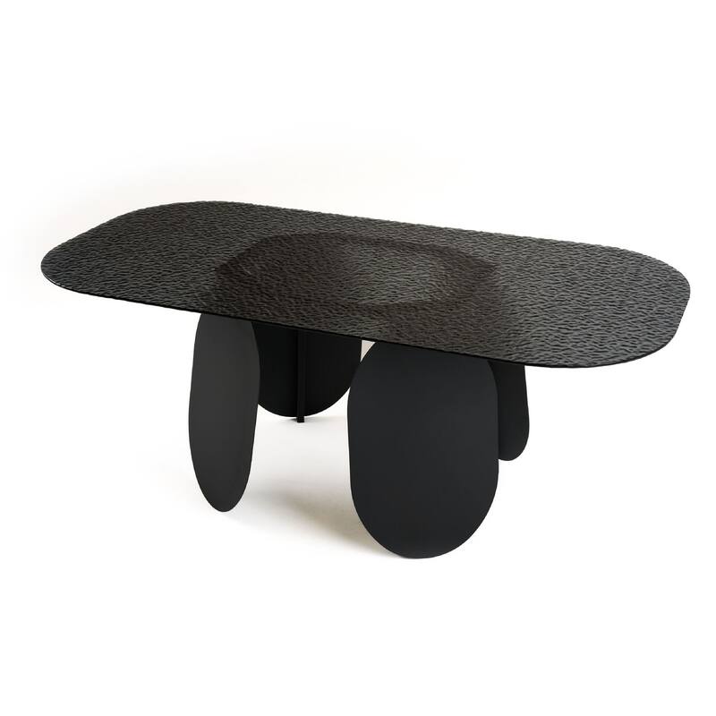 Cid Max Dining Table, Black Hammered Glass, Iron Frame, 79 Inch - Gray, Black