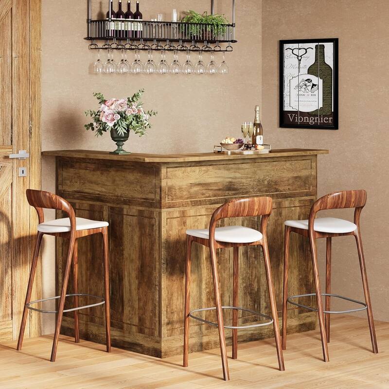 L Shaped Home Bar Cabinet Table with Stemware Racks, 4-Tier Corner Bar Unit Liquor Wine Bar Table