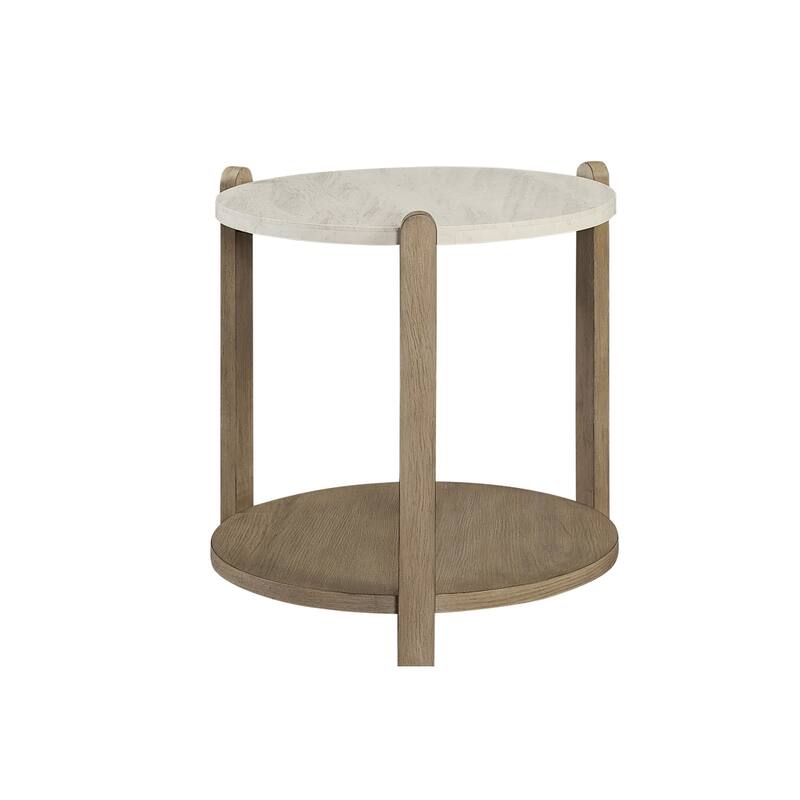Stone Top End Table 25 Inch Taupe Natural Wood MDF with Lower Shelf
