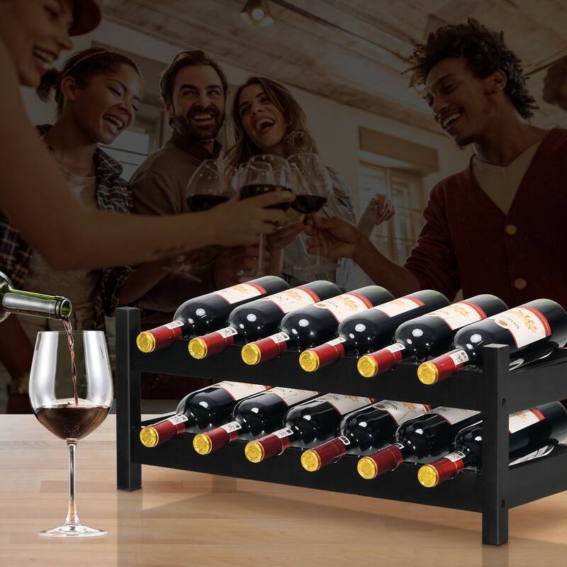 Gymax 2-Tier Bamboo Wine Rack 12 Bottles Display Storage Shelf Holder