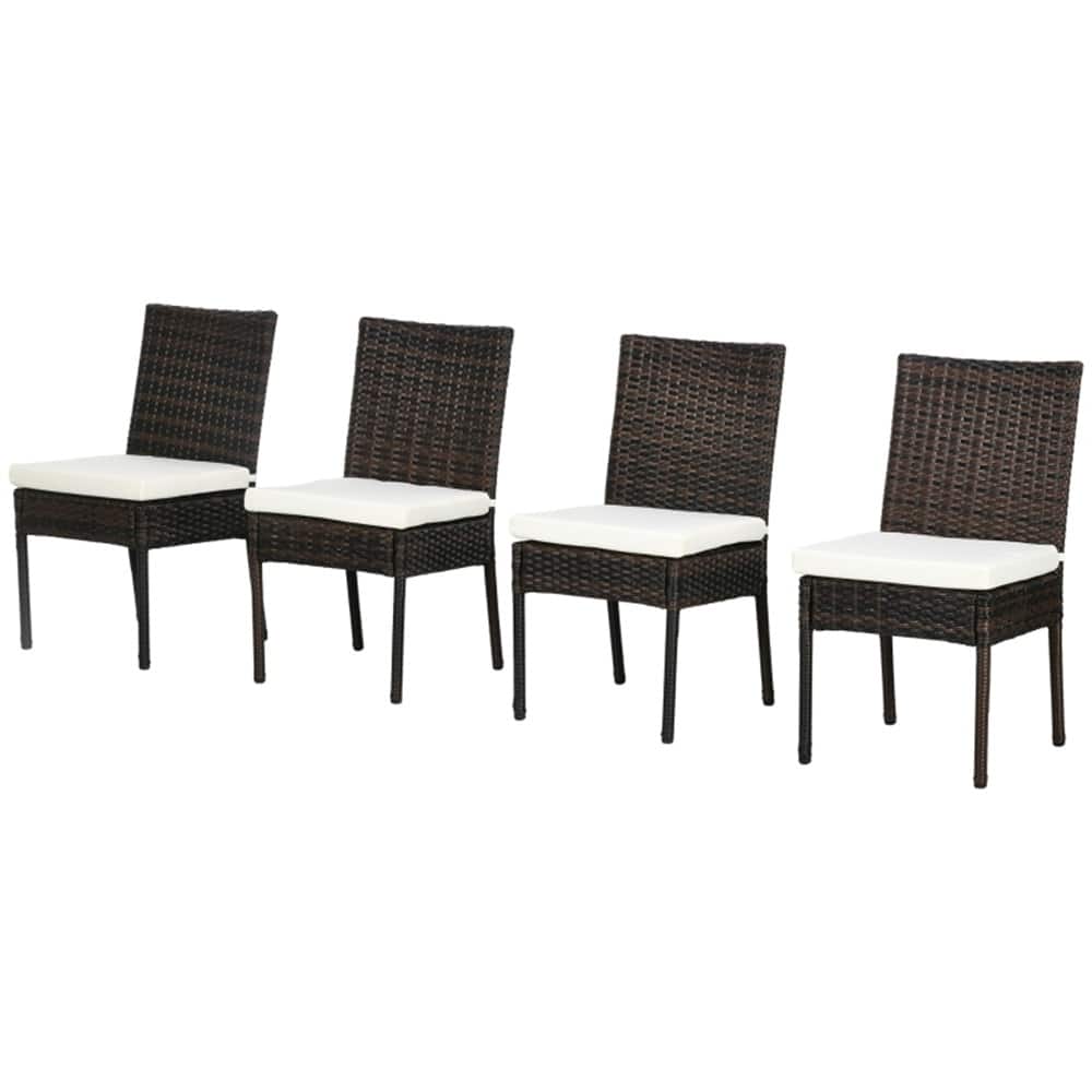 Brown-White PE Rattan Garden Chairs Set of 4 with Cushions and Metal Frame - 17.3" W x 22.8" D x 34.6" H