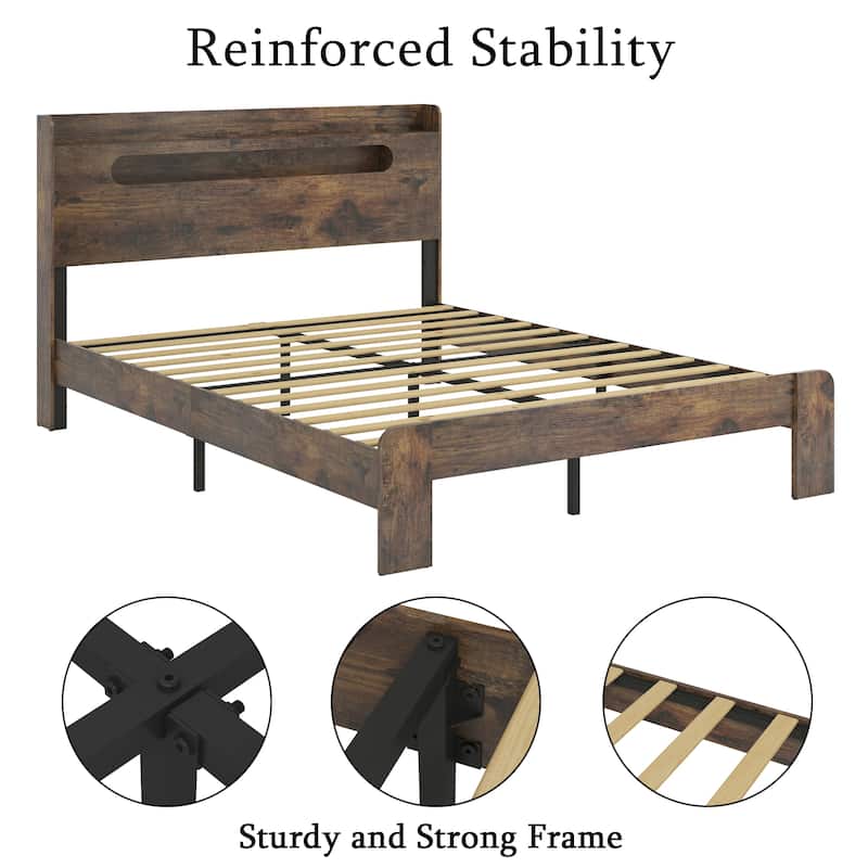 Wood Bed, Low Profile Platform Bed Frame with Storage Headboard Built-in LED Light and Charging Station