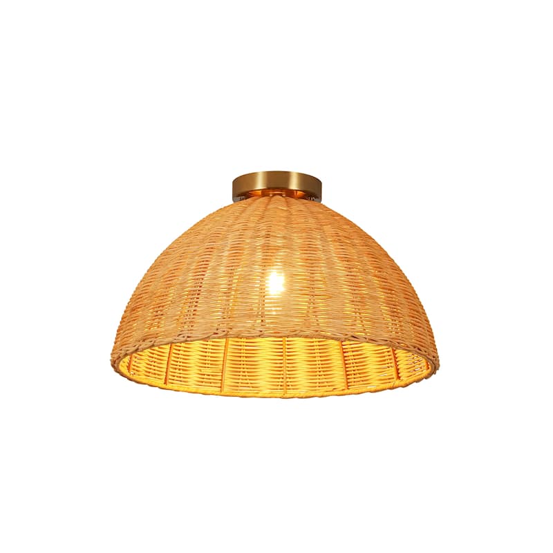 16.5" W Boho Coastal Brown Handwoven Rattan Dome Flush Mount Ceilig Light for Kitchen, Hallways