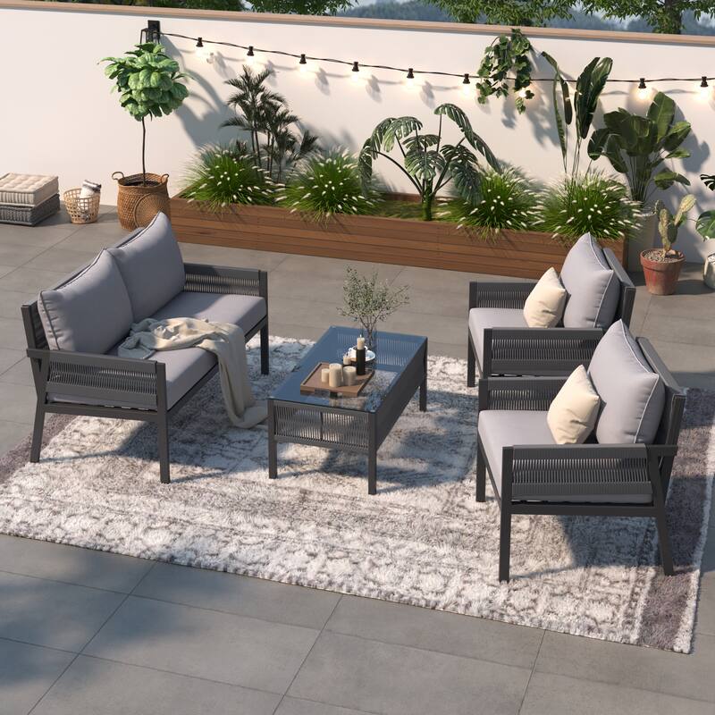 4-Piece Patio Furniture Set, Outdoor Garden Conversation Set with Tempered Glass Table, Deep Seating and Thick Cushion - Grey