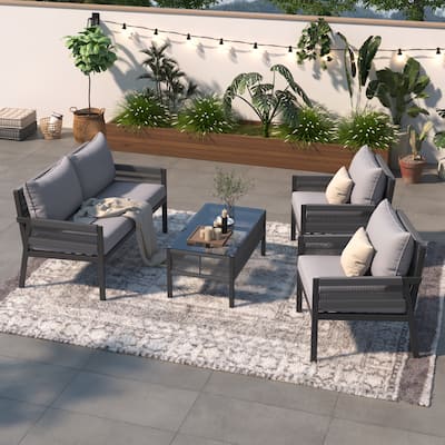 Outdoor 4-Piece Rope Conversation Sofa Set with Tempered Glass Table