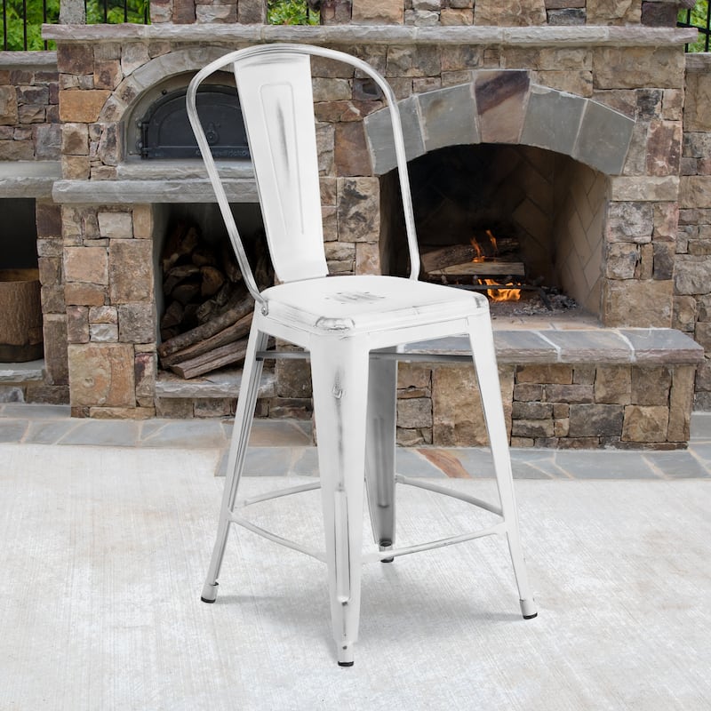 24-inch High Distressed Metal Indoor/Outdoor Counter Height Stool - 17.75"W x 22"D x 40.25"H - White