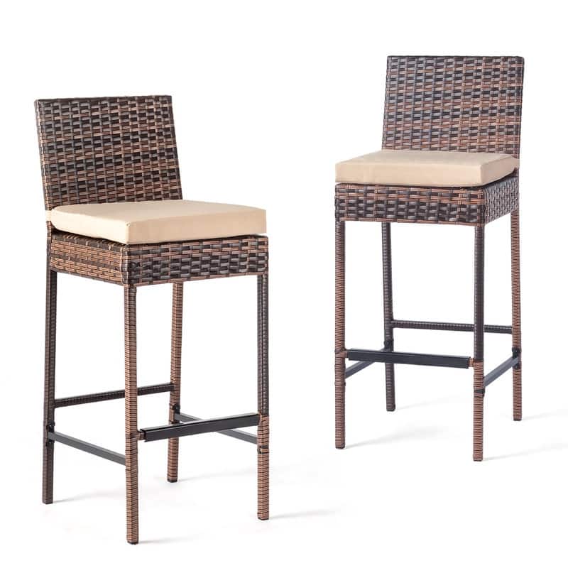 Patio PE Wicker Bar Chairs with Cushions(Set of 2) - Khaki Cushions