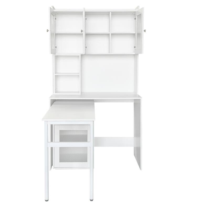 Computer Desk With Glass Door For Home Office Or Study Desk,Bookshelf & Hutch,Computer Desk With 90 Degree Rotating Desktop