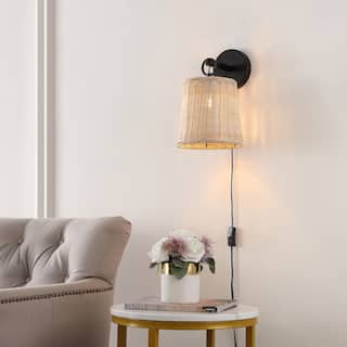 SAFAVIEH Lighting Ciaran Wall Sconce (Set of 2) - Black/Natural Rattan - 8"W x 10"D x 13"H