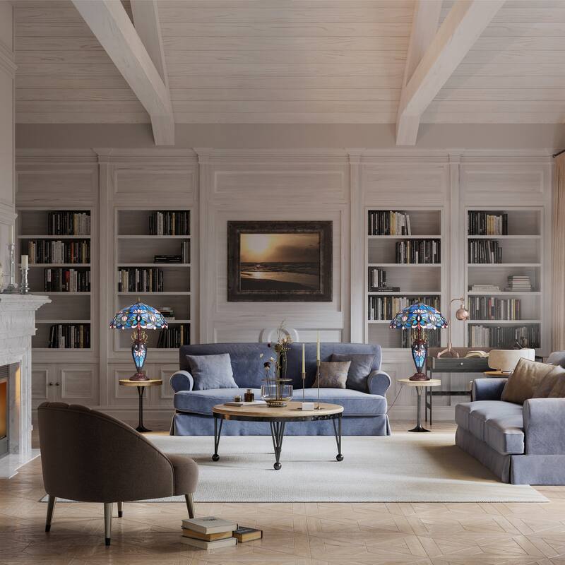 Winslow River of Goods Victorian Double Lit Stained Glass Dome Shade 24.5-Inch Table Lamp - 17.25" x 17.25" x 24.5"