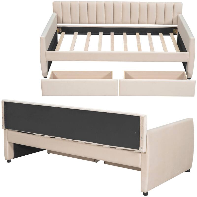 Modern Minimalist Twin Size Velvet Upholstered Daybed with Two Underbed Drawers