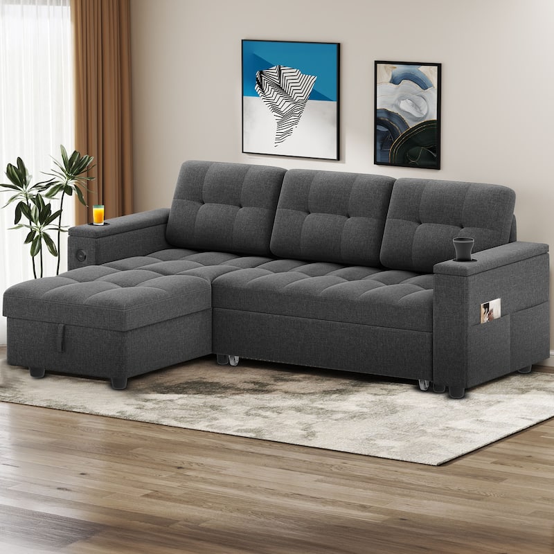 Moasis 2-in-1 Convertible Sleeper Linen Sofa Bed Folding Futon Couch with Pullout Bed Multifunctional Sofa