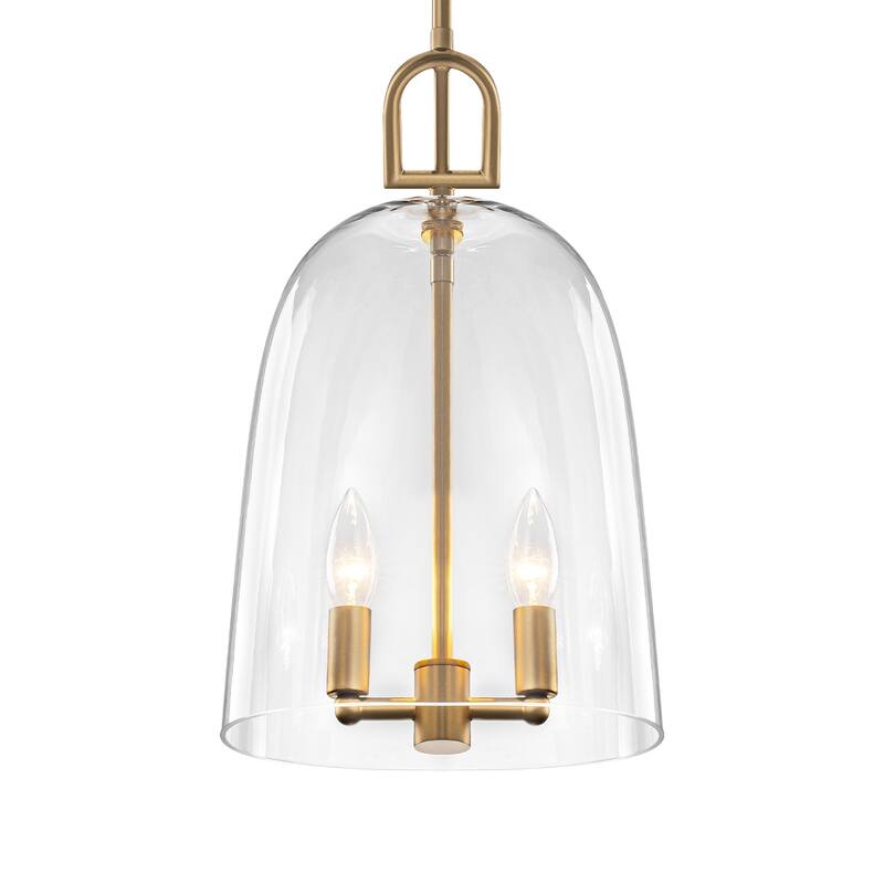 2-Light Gold Metal Pendant Light with Bell-Shaped Clear Glass Shades - Dia.10-in