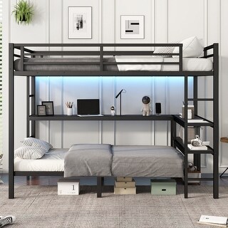 Black Full XL Over Twin Bunk Bed with Desk LED USB Storage Shelves for Work and Study