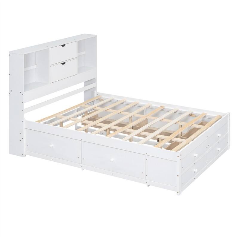 Queen/King Size Captain Bed with Storage Bookcase Headboard, Solid Wood Platform Bed Frame with 8 Storage Drawers and Slats