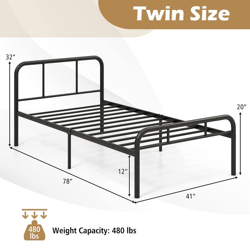 Gymax Twin Bed Frame Metal Platform Bed Base w/ Headboard & Footboard
