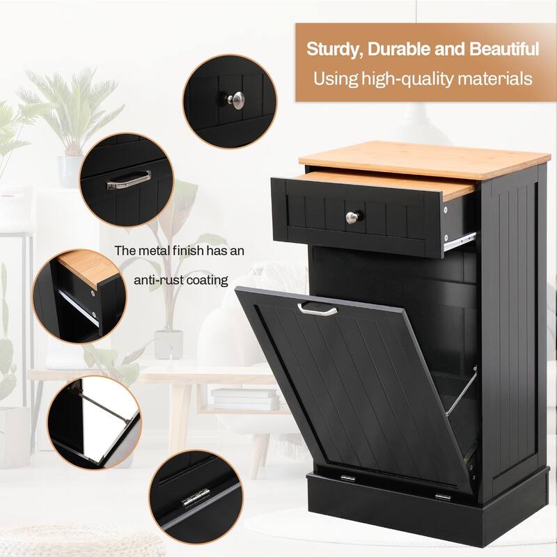 Erommy Tilt Out Trash Cabinet, Wooden Kitchen Trash Can Free Standing Waste Bin, Recycling Hideaway Garbage Can Holder