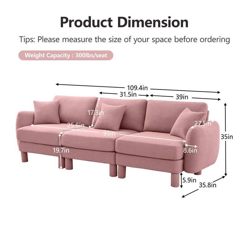 109.4" 3-Seater Modern Upholstered Sofa Couch, Deep-Seat Sectional Sofa with Shell-Shaped Armrests, Leisure Sofa for Living Room