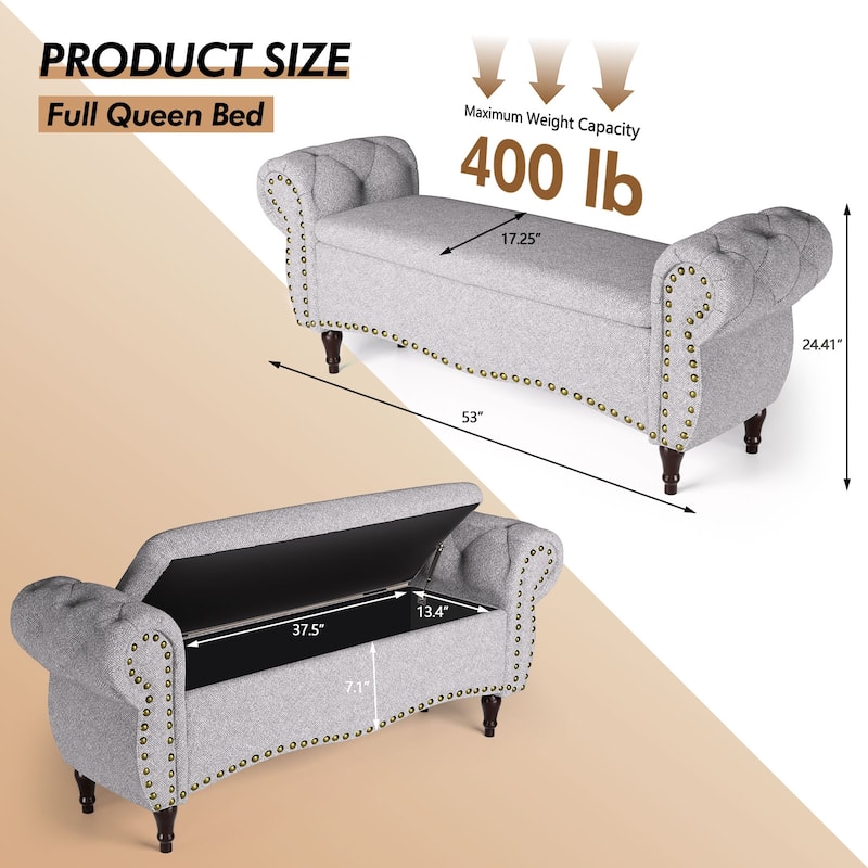 53 in Tufted Bench with Safety Hinge and Rolled Arm End of Bed Storage