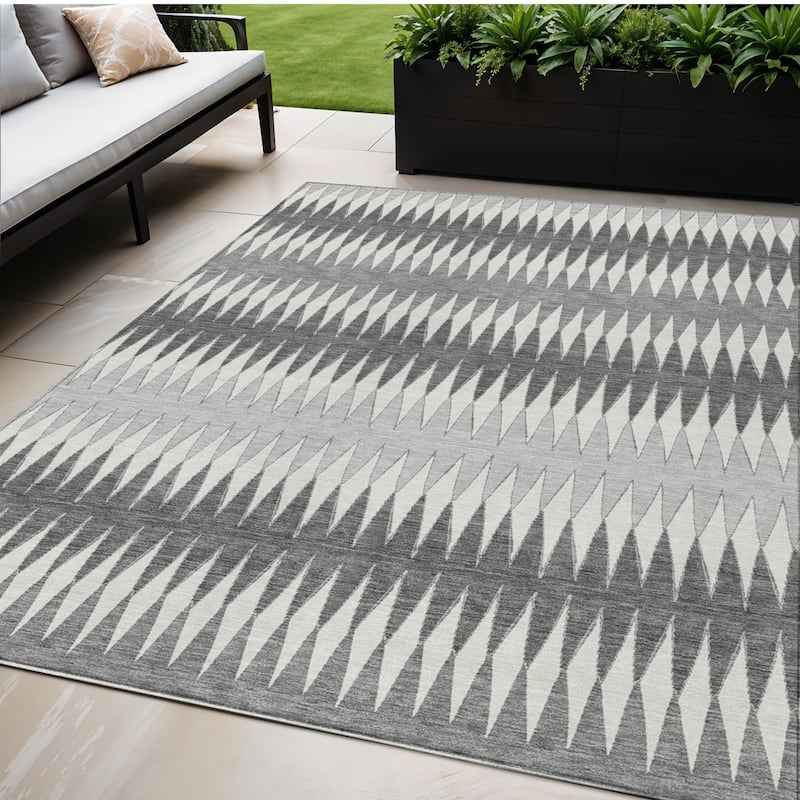 Gray And Ivory Striped Washable Indoor Outdoor Area Rug - 5' X 8' - 5' X 8' - Grey/Ivory