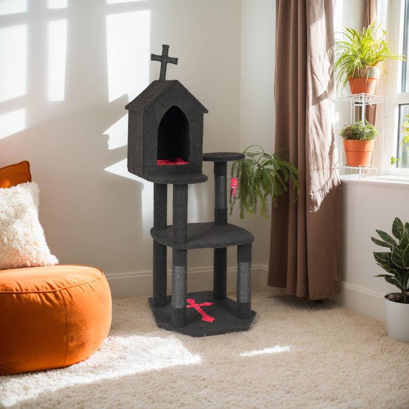 57" Gothic Cat Tree with Multi-Level Platforms and Scratching Posts Cozy Condo and Coffin Bed