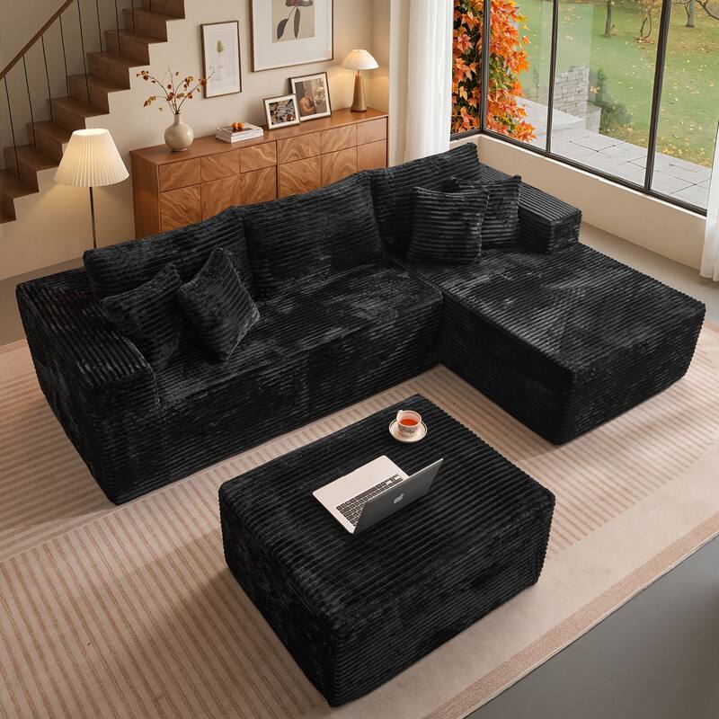 OVIOS All-Foam Cloud L-Shaped Lounger Sofa​ ​​With Ottoman​ - RightChaise-Black