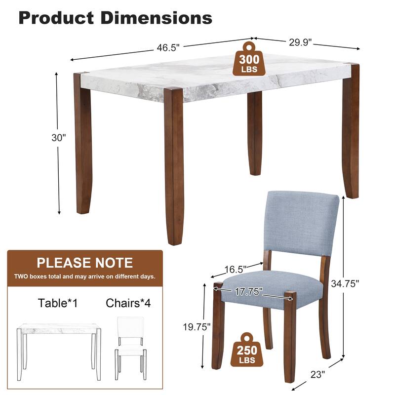 5-Piece Faux Marble Dining Set for 4, 46" Rectangle Table with 4 Upholstered Chairs, Space-Saving Modern Kitchen Table Set