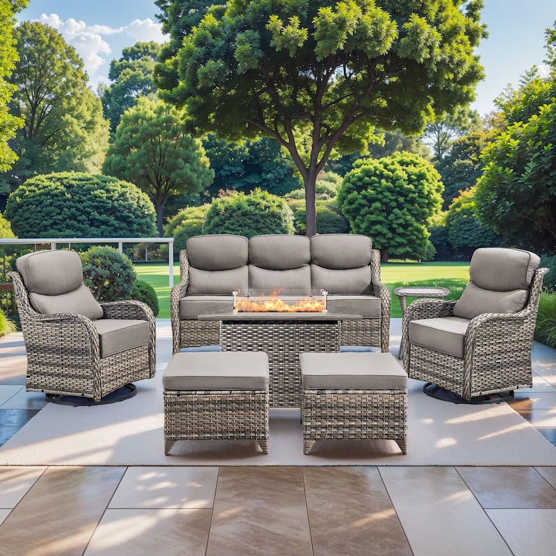 Pocassy 7 Pieces Outdoor 6 Inch Sofa Swivel Chair Ottoman with Fire Table - Gray cushion - Gray Wicker