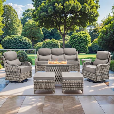Pocassy 7 Pieces Outdoor 6 Inch Sofa Swivel Chair Ottoman with Fire Table