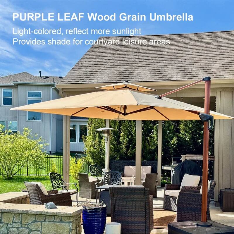 PURPLE LEAF 11ft Square outdoor cantilever Patio Umbrella wood colour