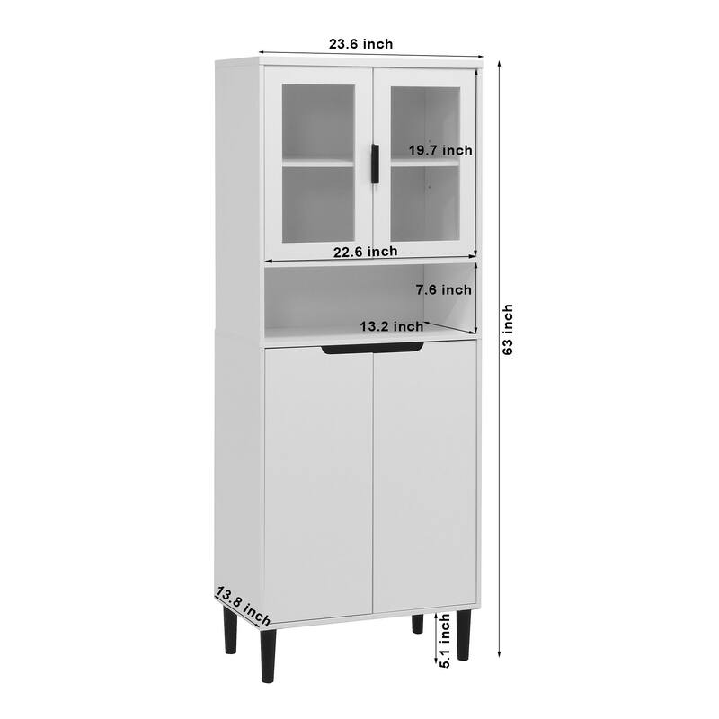 Tall Kitchen Pantry Cabinet with 2 Glass Display Doors & 2 Solid Doors