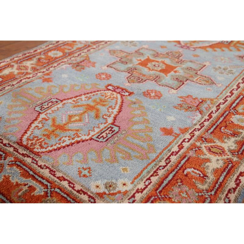 Blue Geometric Khotan Indian Accent Rug Hand-Knotted Wool Carpet - 3'1"x 5'2"