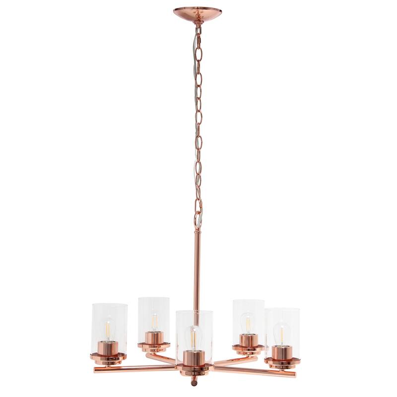 Vintage 5-Light Pendant Chandelier - Rose Gold Metal & Glass Shade - Modern Farmhouse Lighting - 64