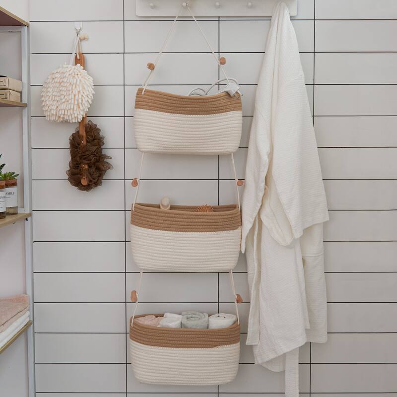 Over the Door 3-tier Basket Hanging Storage Basket Organizer - Brown&White