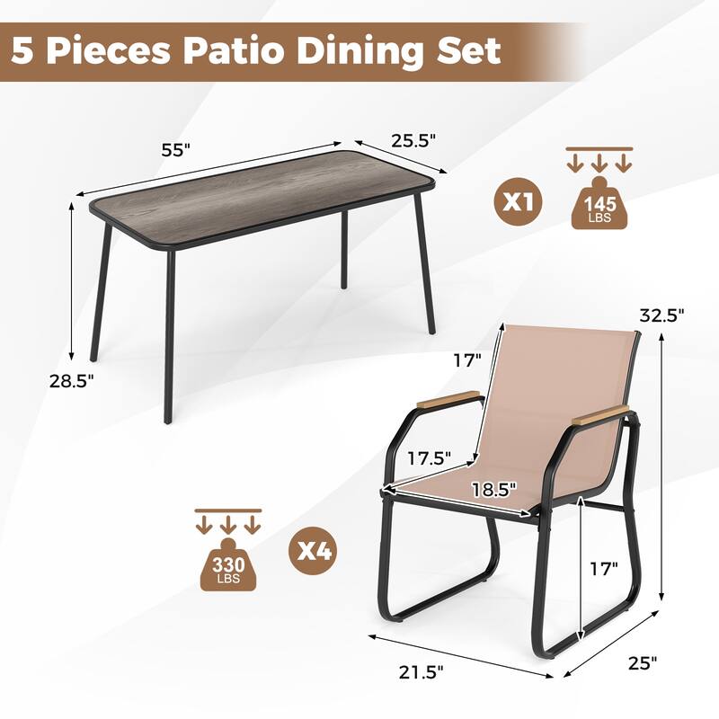 5 Piece Outdoor Bistro Dining Set with Rectangular Table and Upholstered Chairs for Backyard Meals - 55" x 25.5" x 28.5"