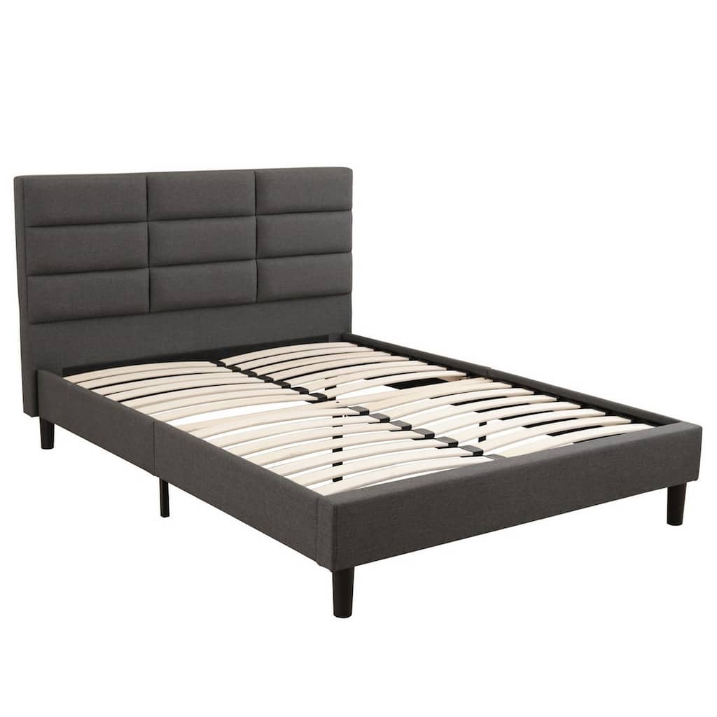 Rin Full Size Platform Bed, Charcoal Gray Linen Upholstery, Panel Headboard