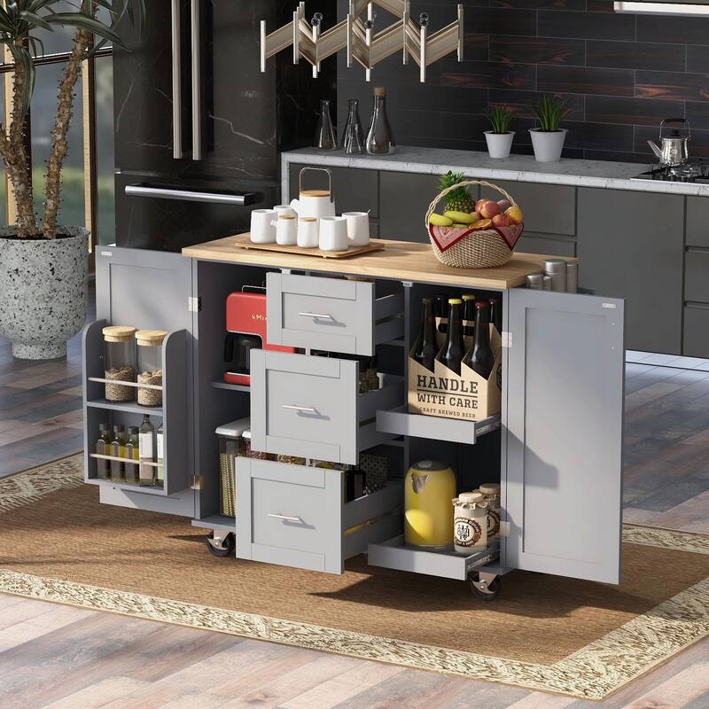 Rolling Kitchen Island with Rubber Wood Top, Drawers, Shelves, Internal Storage, Wheels, Spice & Towel Racks
