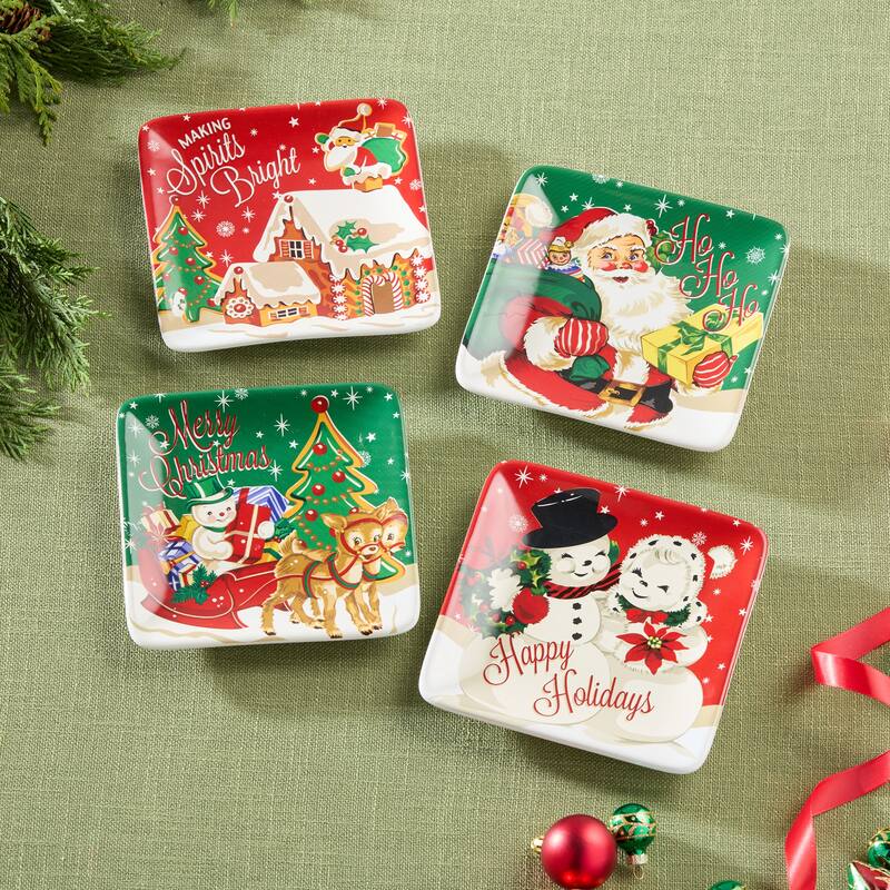 Certifed International Santa's Retro Christmas Set of 4 Canape/Appetizer/Luncheon Plates 6" Assorted Designs