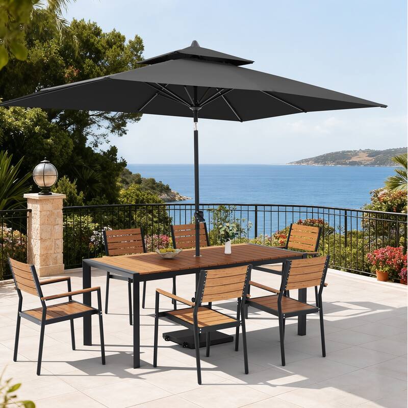 Set of 9 Outdoor Patio Dining Set WoodLike Aluminum Umbrella Hole Table with Stackable Armchairs, Double Top Market Umbrella Set - BrownTable&BrownChairs&BlackUmbrella