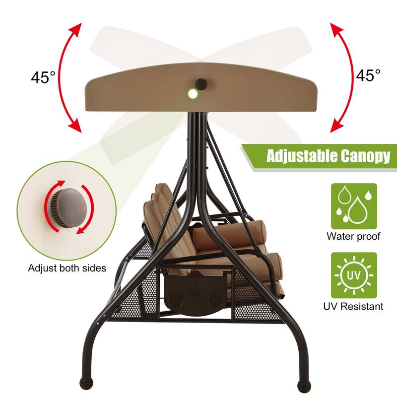 3-Seat Outdoor Porch Swing with Adjustable Canopy & Stand, Convertible Bed, All-Weather, Thickened Cushions & Cup Holders