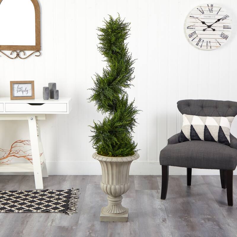 Artificial Spiral Tree with Lights - 5ft Indoor Outdoor Glam Tree in Urn - Holiday Decor - Green - 41-50 Inches