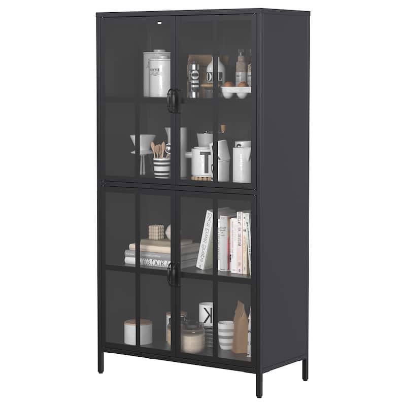 Metal Storage Cabinet with Tempered Glass Doors,Adjustable Shelves,Anti-Tipping Device,Magnetic Silent Closure,Adjustable Feet