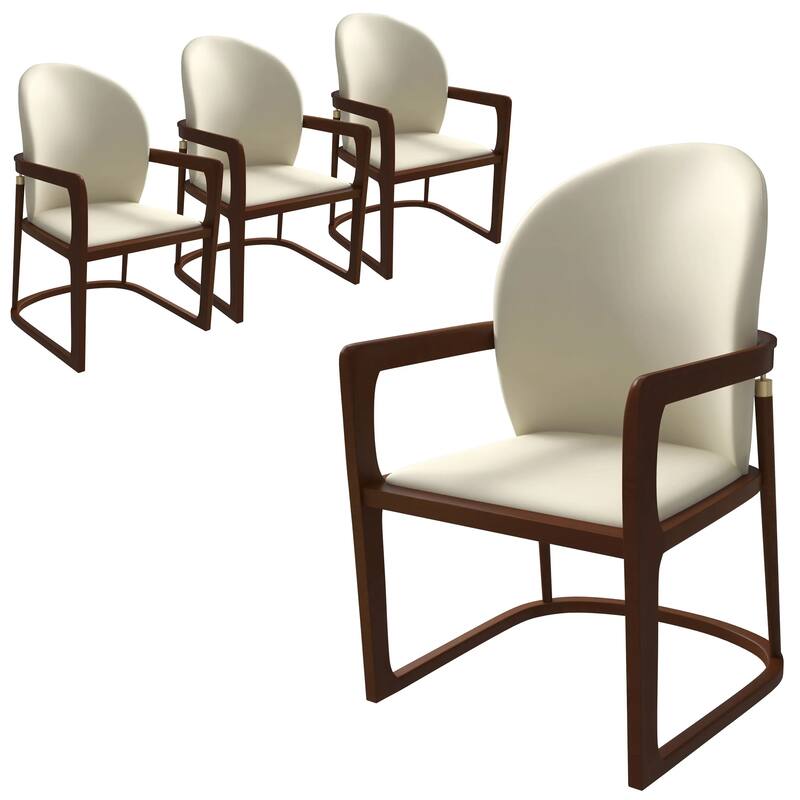 Svelta Leather Dining Chair with Rubberwood Legs Curved Back Accent Arm Chair for Kitchen and Dining Room Set of 4 - Cream