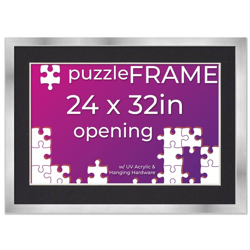 24x32 Jigsaw Puzzle Frame Kit - Kit Includes Puzzle Glue Sheets, Silver Wood Puzzle Frame with Black Mat