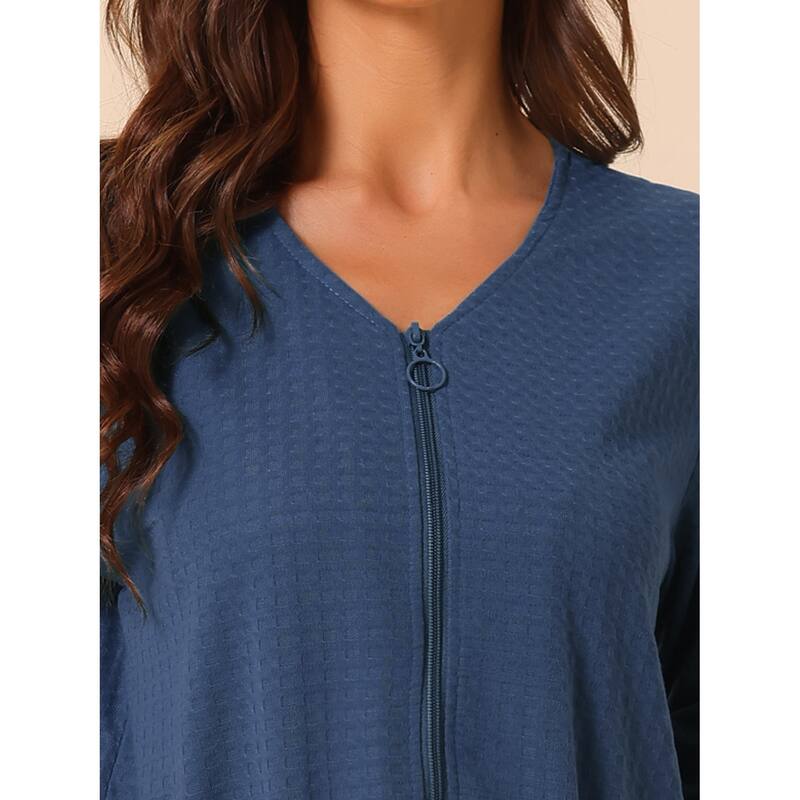 Women's Waffle Robe 3/4 Sleeves Spa Bathrobe Loungewear Zipper Up Robes