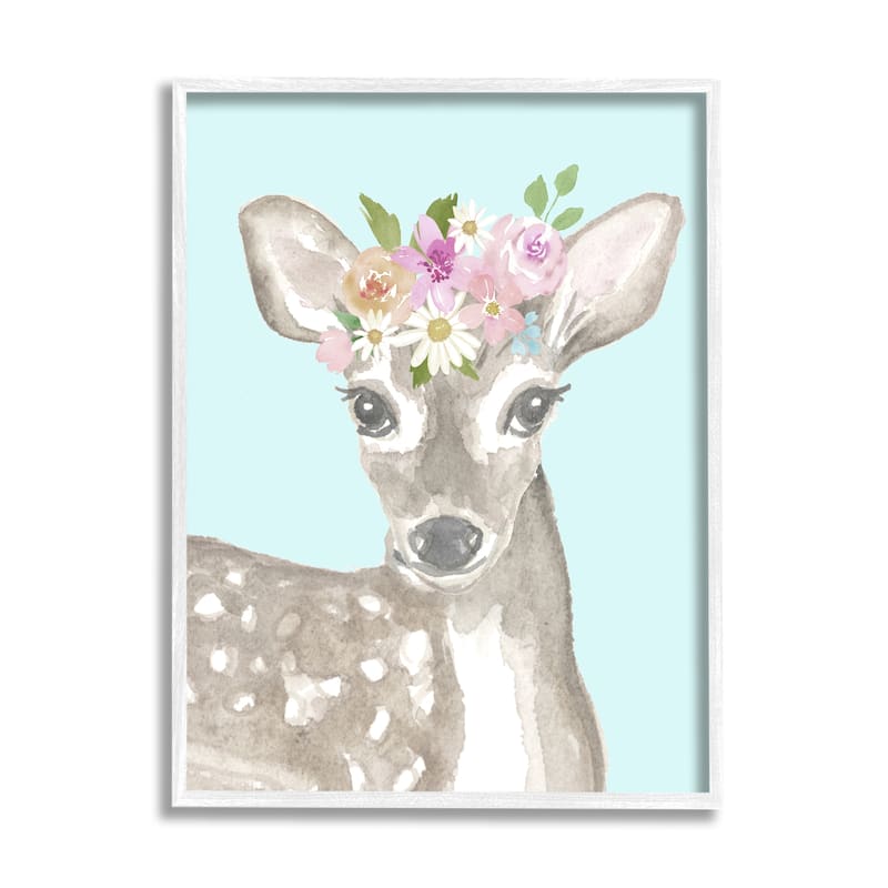 Stupell Floral Deer on Framed Giclee Art Design by Corinne Haig - 24 x 30 - White
