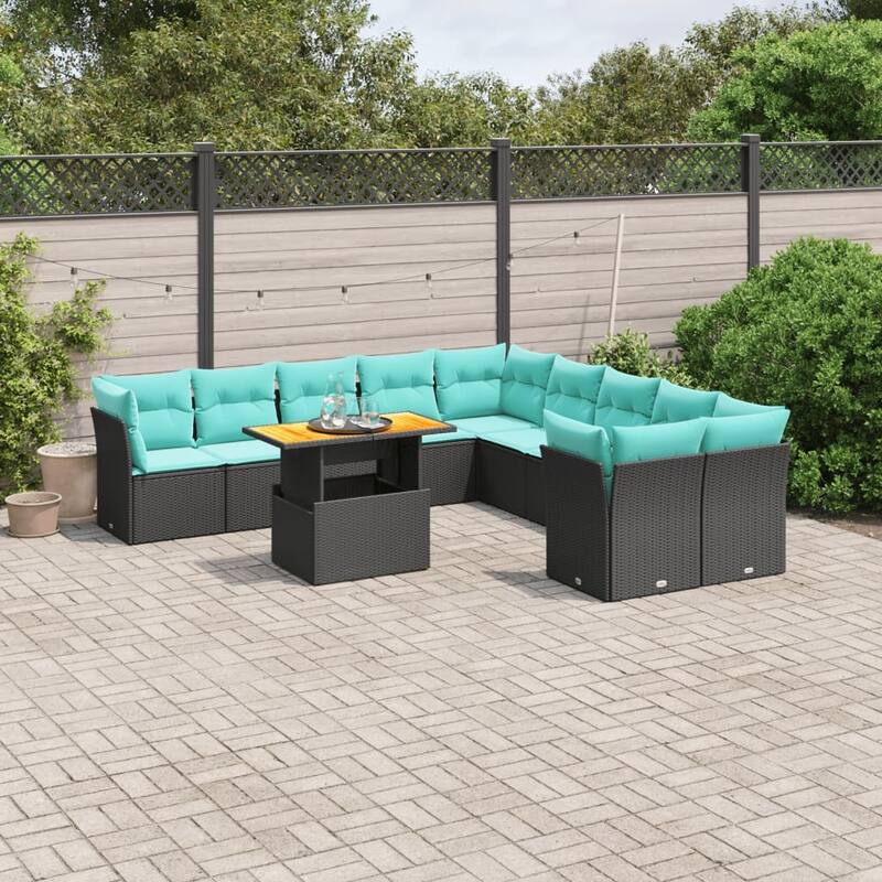 vidaXL 11 Piece Patio Sofa Set with Cushions Black Poly Rattan - 24.4 x 24.4 x 27.2 - Black