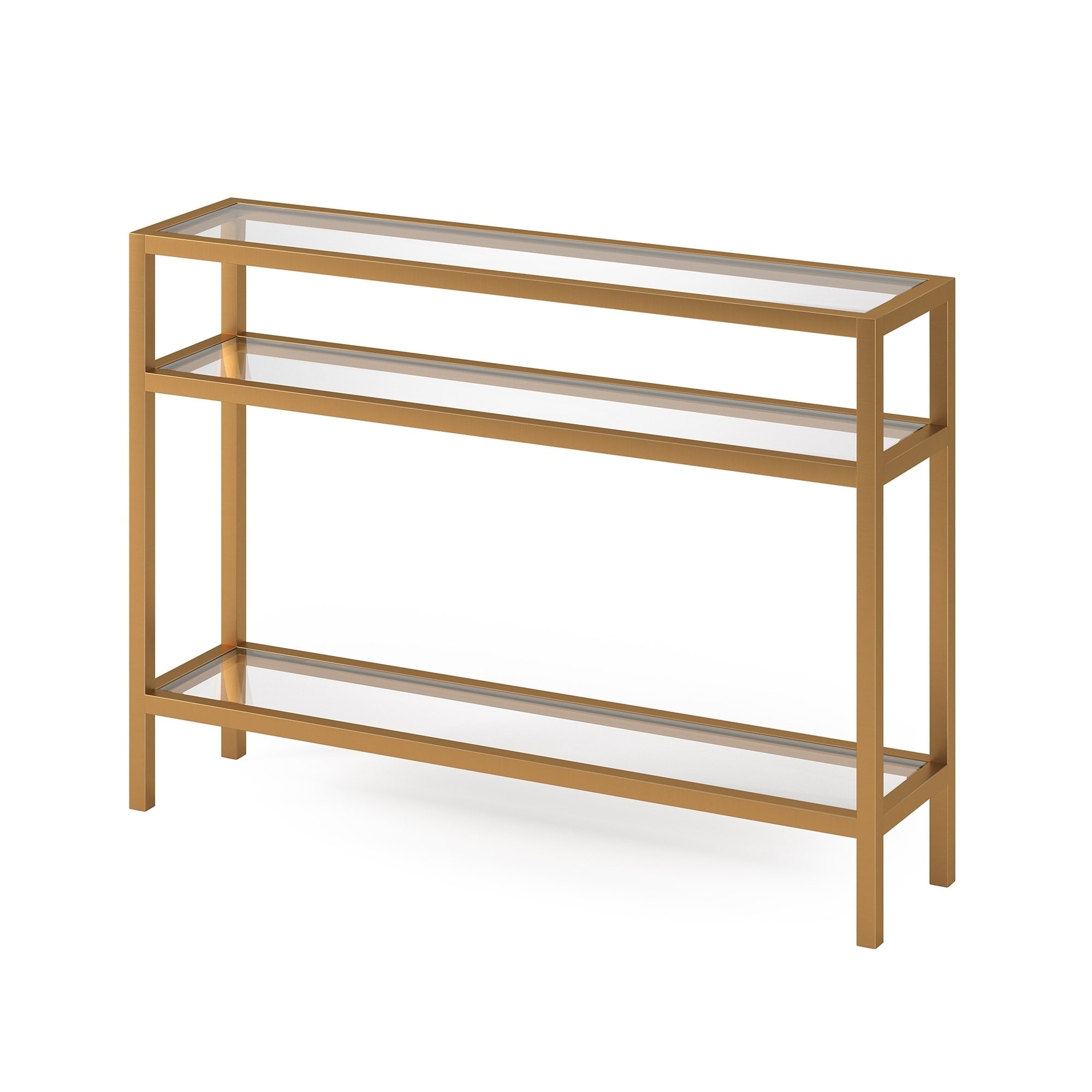 42-inch Brass Metal Console Table with Glass Top and Shelves
